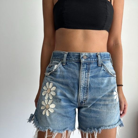 Vintage Levi's Orange Tab Denim Cutoff Jeans Short Floral Reworked - Picture 11 of 11